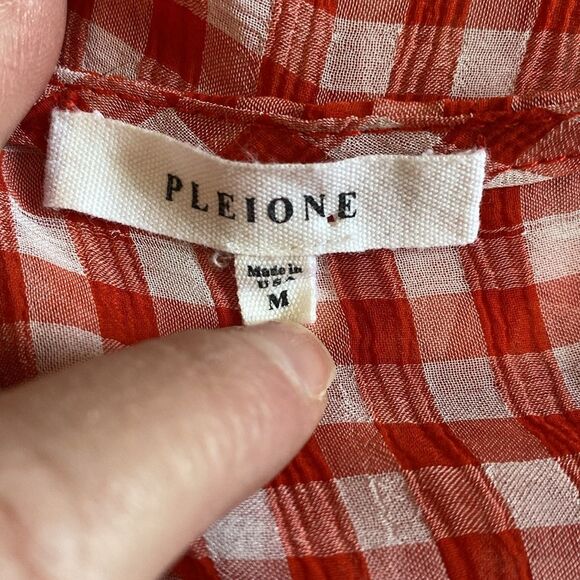 Pleione Gingham Ruffle Blouse Sheer Red White Check Sz M - Picture 4 of 9